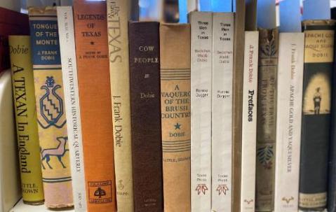 A photo of a some of the J. Frank Dobie Collection within the TFS library. 